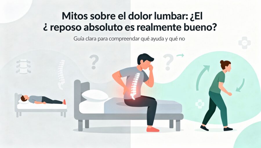 Portada de la guía «Mitos sobre el dolor lumbar: ¿el reposo absoluto es realmente bueno?», con ilustraciones de una persona en reposo y otra caminando